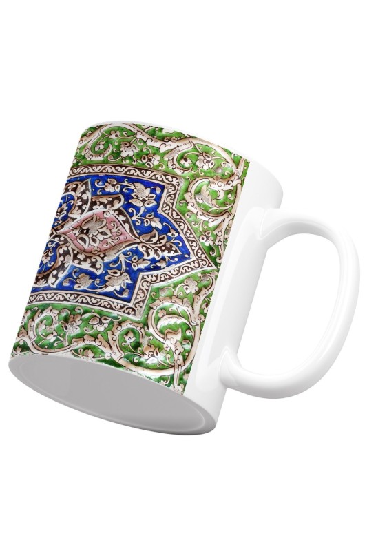 ماگ سرامیکی کتیبه گلی سبز ابی